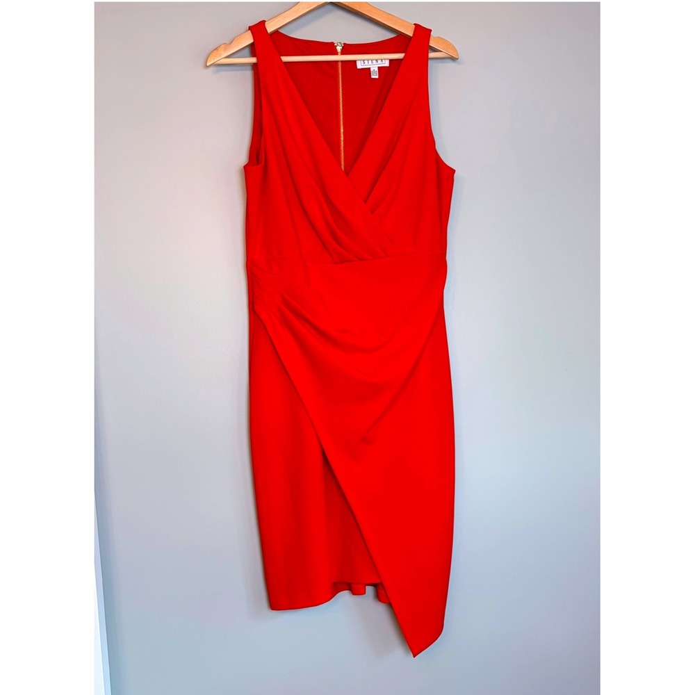 Siena Red Sleeveless Faux Wrap Sheath Dress V-Neck Asymmetrical Hem Size 12